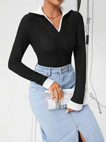 SHEIN Essnce Camiseta Ajustada 2 En 1 De Color De Contraste - Negro - Ver 6
