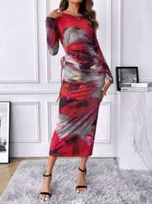 SHEIN Clasi Round Neck Floral Print Drawstring Waist Hollow Out Dress