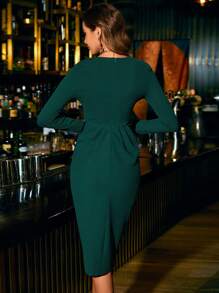 SHEIN Clasi Vestido Feminino De Cor Sólida Com Bainha Cruzada Plissada - Verde - Ver 2