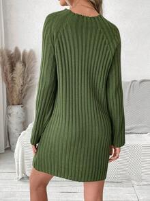 SHEIN LUNE Women'S Ribbed Knit Sweater Dress With Raglan Sleeves - Army Green - View 2