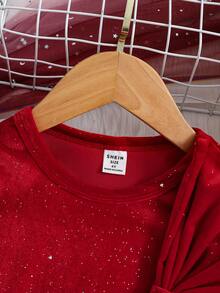 SHEIN 小女孩公主風休閒時尚甜美優雅閃亮連身裙帶有大號 3d 蝴蝶結裝飾 - 紅色 - 查看 3