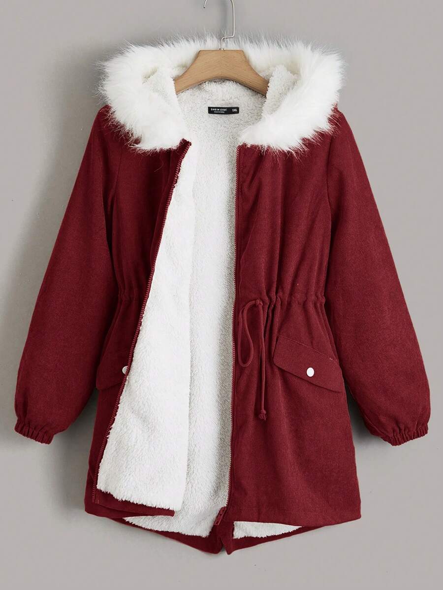 SHEIN EZwear Plus Size Women's Drawstring Waist Hooded Padded Coat, Winter Fall Autumn - Burgundy - View 1