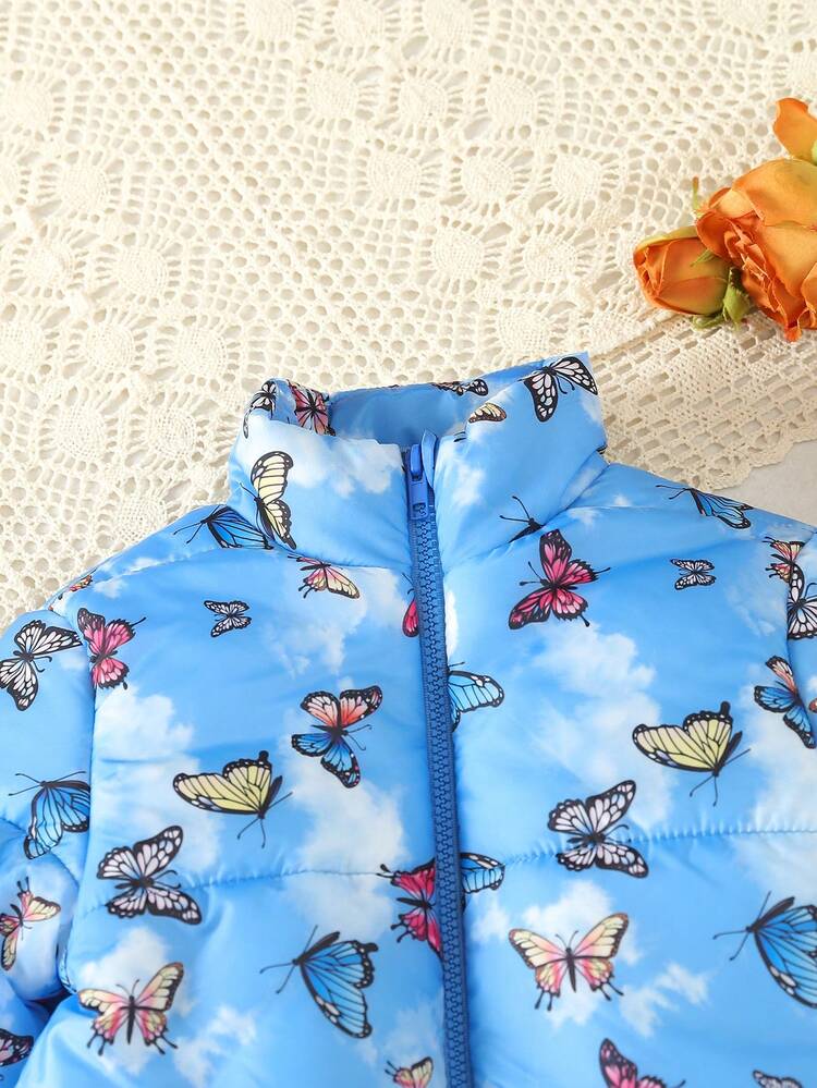 Young Girl Cute Short Stand Collar Zip-Up Padded Coat With Butterfly Pattern Digital Print, Plush Lining, Blue, Winter