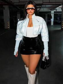 VaVaBold 翻盖口袋短款加厚棉服外套冬季服装 - 藍色 - 查看 1