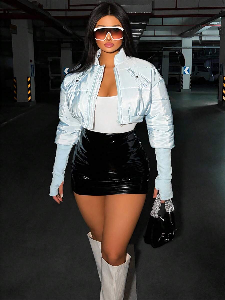 VaVaBold 翻盖口袋短款加厚棉服外套冬季服装 - 藍色 - 查看 1