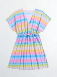 青少女條紋抽繩腰短款上衣 - 彩色 - 查看 3