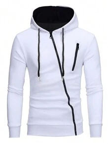 Manfinity Dauomo Men's Zipper Front Drawstring Hooded Sweatshirt, Long Sleeve Top - White - View 1