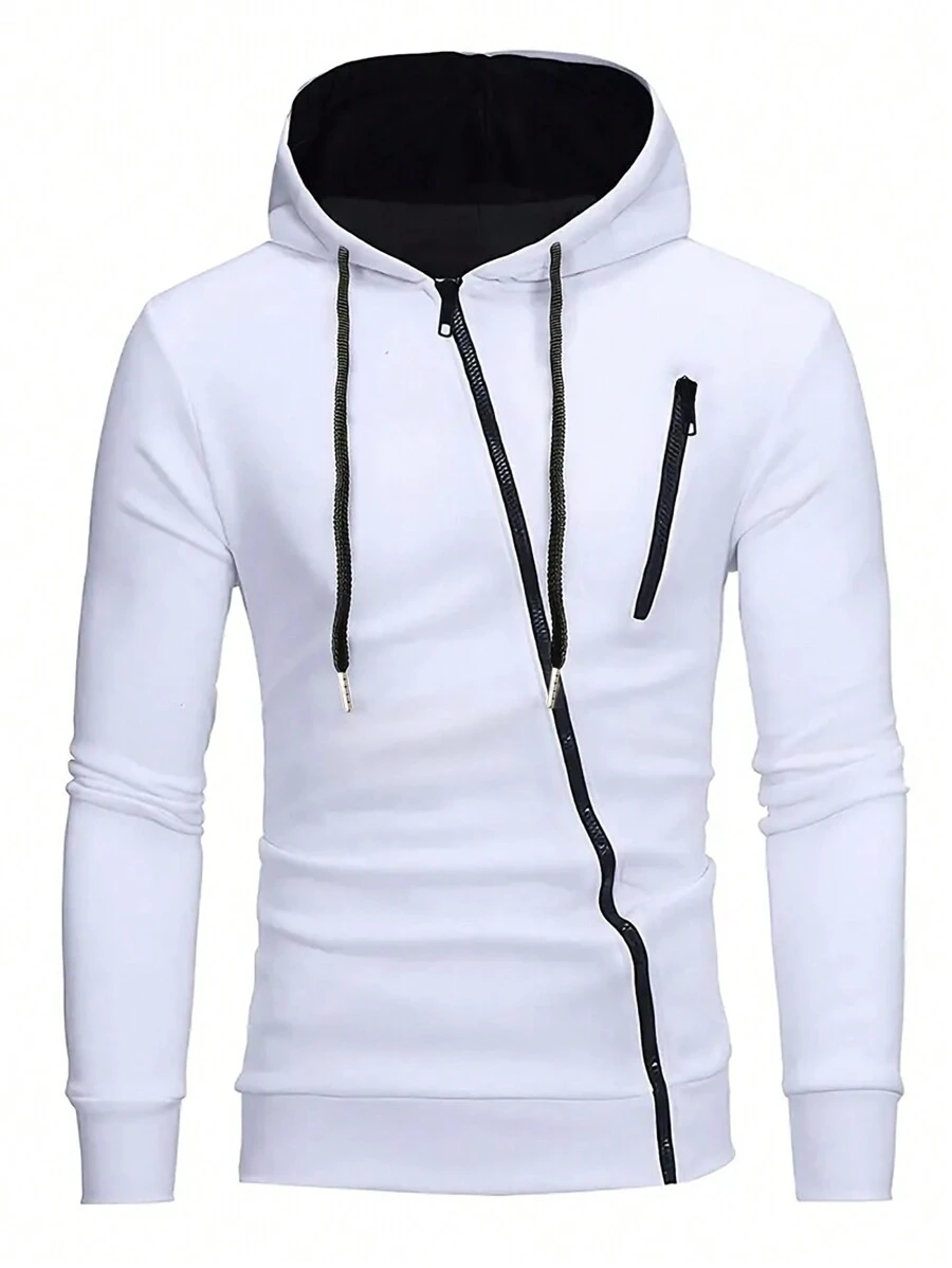 Manfinity Dauomo Men's Zipper Front Drawstring Hooded Sweatshirt, Long Sleeve Top - White - View 1