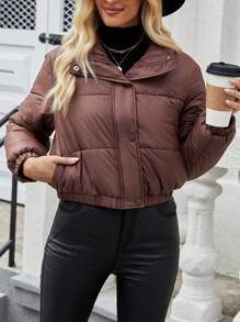 SHEIN LUNE Ladies' Zipper Front Padded Padded Coat Clothes Winter - Brown - View 5