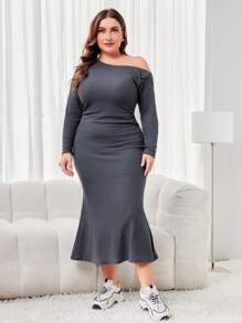 Mulvari Große Größen Asymmetrischen Kragen & Fisch-Flosse Saum Kleid - Grau - Übersicht 5