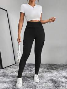 SHEIN Essnce Women's Wide Waistband Flip Cover Pocket Leggings - Black - View 5