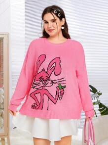 SHEIN EZwear Damen Pullover Mit Cartoon Häschen Muster In Plus Größe - Pink - Übersicht 1