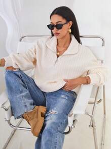 Aveloria Cable-knit Half-zip Long Sleeve Sweatshirt - Beige - View 1