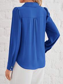 SHEIN Frenchy Của phụ nữ Ống tay áo Cổ chữ V Nút Áo sơ mi - Xanh đậm - Xem 2