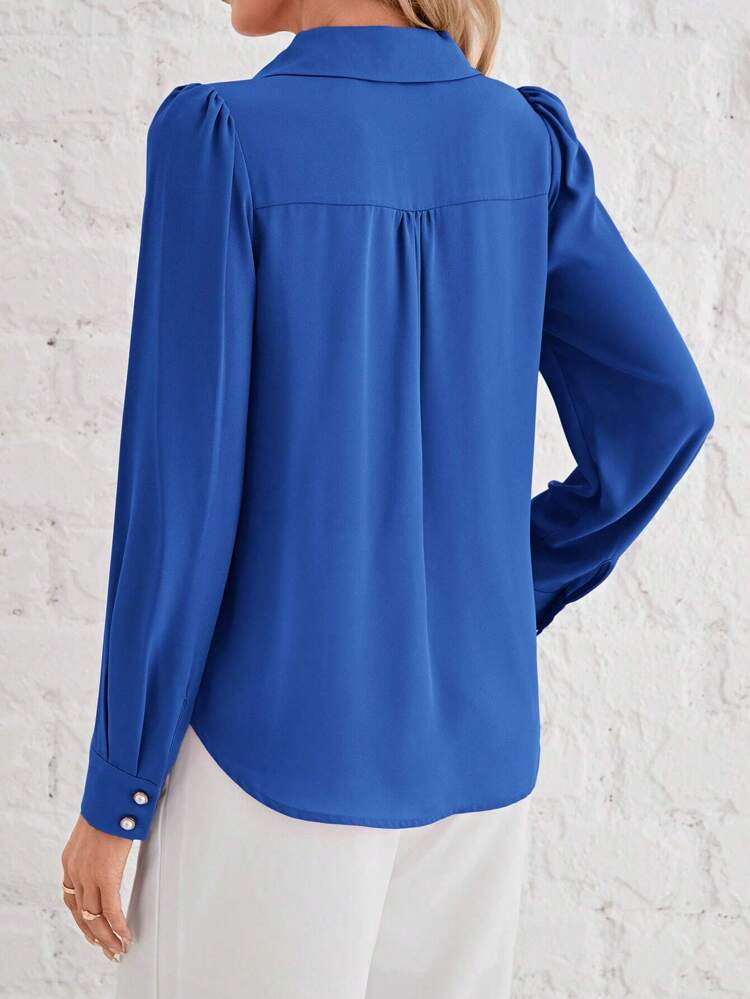 Women's Puff Sleeve V-Neck Button Shirt Winter Elegant Blue