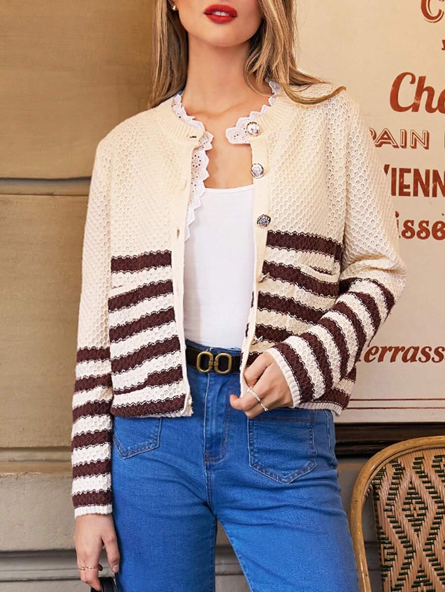 SHEIN Frenchy Women's Patchwork Hollow Out Embroidered Striped Button Down Cardigan - Multicolor - View 1