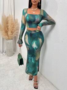 SHEIN Slayr 紮染方領荷葉袖短款上衣&高衩魚尾短裙