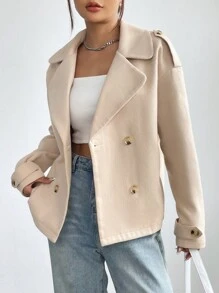 SHEIN Unity 女平駁領雙排扣大衣 - 杏色 - 查看 1