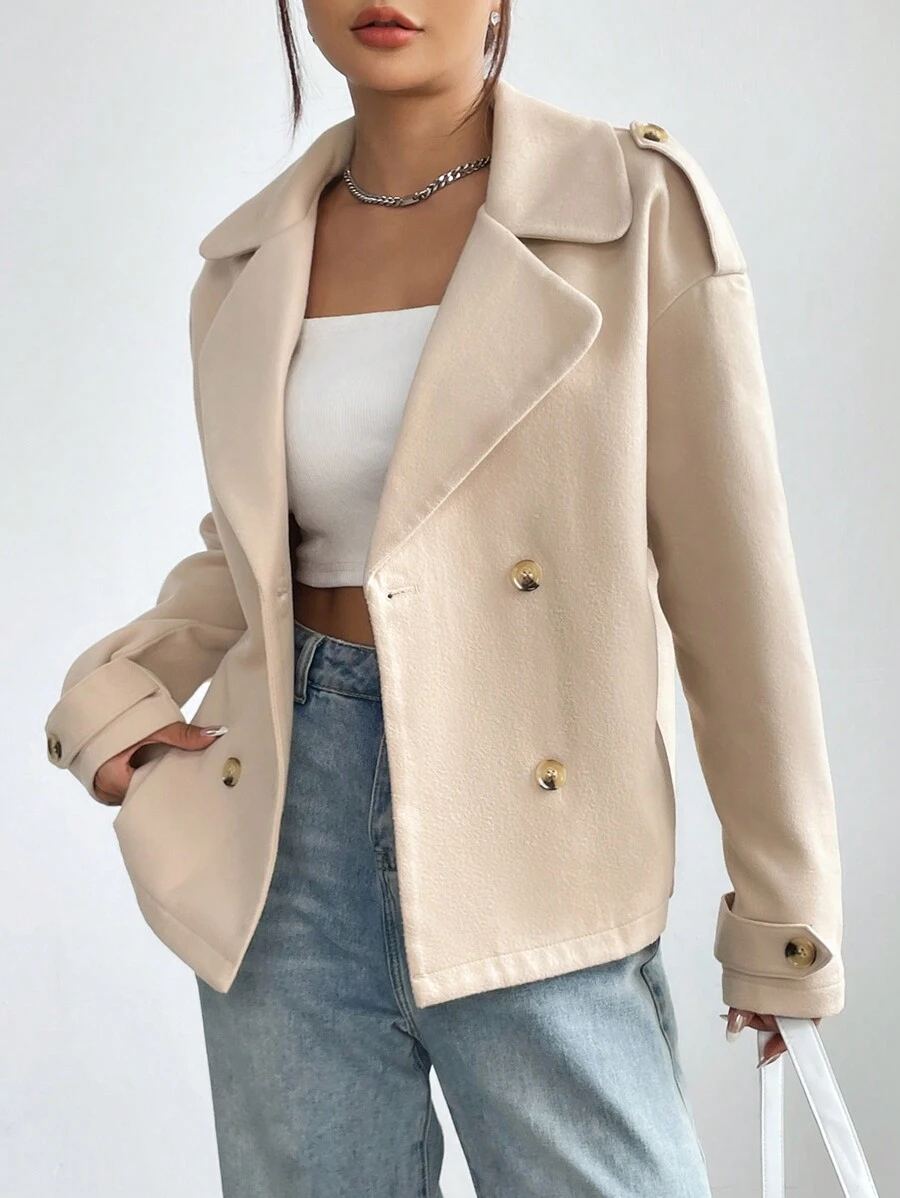 SHEIN Unity 女平駁領雙排扣大衣 - 杏色 - 查看 1