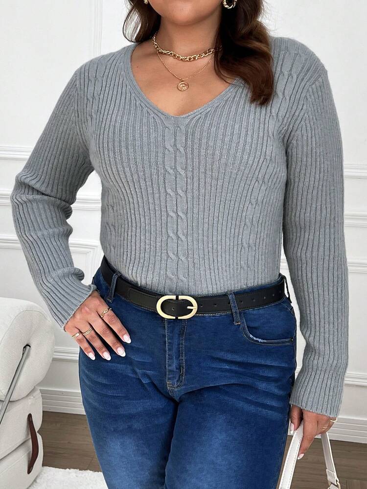 Women's Plus Size V Neck Solid Color Casual Basic Sweater Knit Pullover Fall Winter Sweater