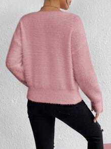 SHEIN LUNE Women's Plush V-Neck Sweater,Long Sleeve Tops Knit Pullover Fall Winter Sweater - Dusty Pink - View 2