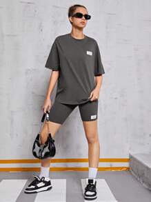 SHEIN Leap Crew Teen Girls' Knitted Plain Label T-Shirt And Shorts Set - Grey - View 5