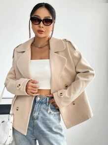 SHEIN Unity 女平駁領雙排扣大衣 - 杏色 - 查看 6