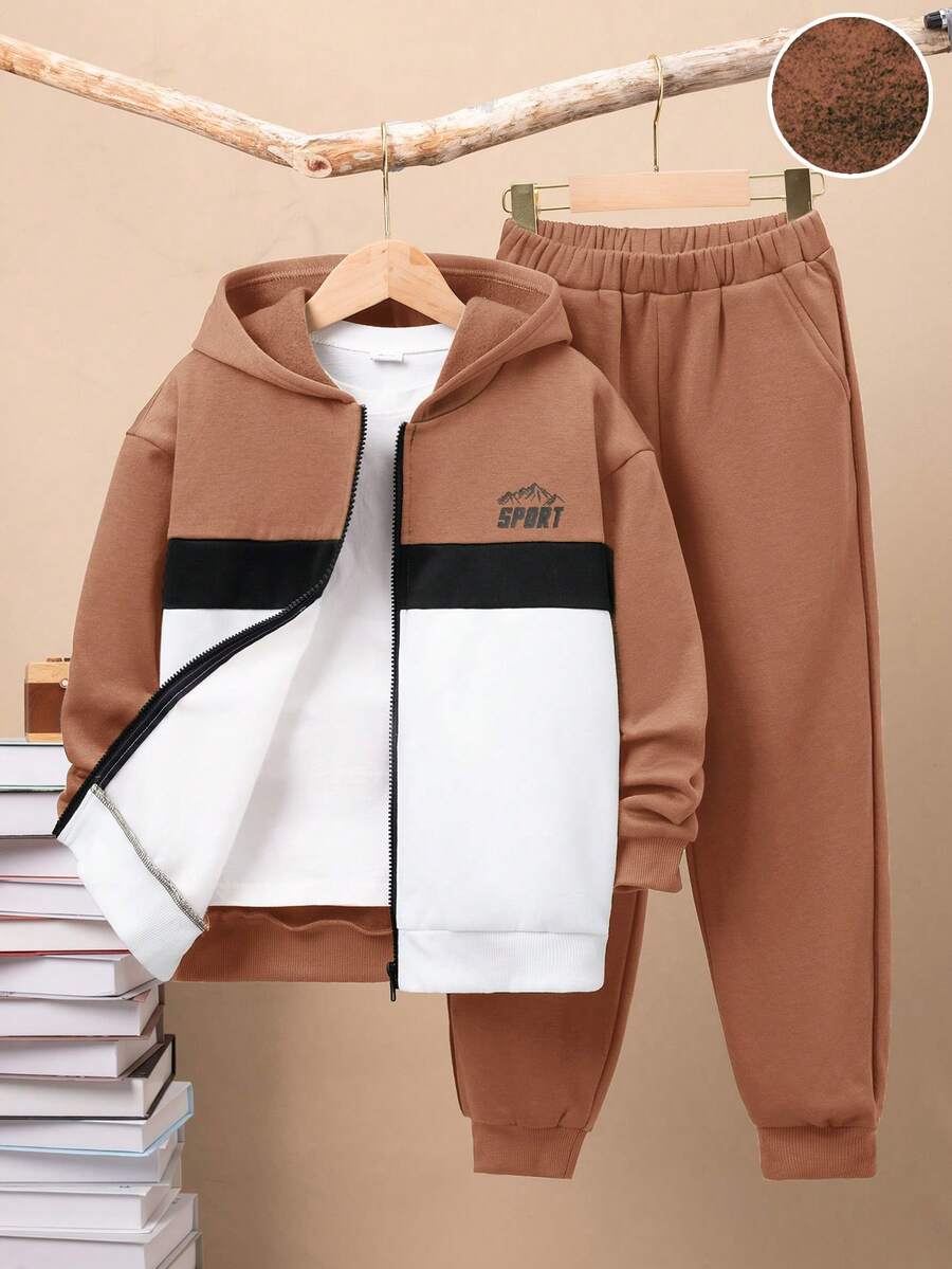 SHEIN Conjunto De 2 Piezas Para Niño/a: Sudadera Casual Con Capucha Y Bloques De Color Con Pantalón De Color Sólido - Caqui - Ver 1