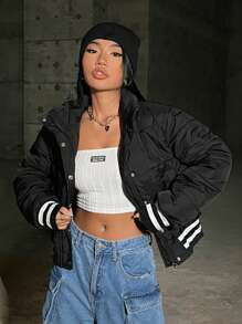 SHEIN EZwear 條紋立領夾克風格加厚保暖外套 - 黑色 - 查看 3
