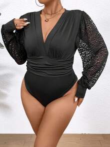 Celure 大尺碼女士蕾絲燈籠袖連身衣 - 黑色 - 查看 3