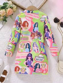 SHEIN Explorewe Nhỏ bé Cô gái Phong cách đường phố Chặt Co giãn Cổ giả Tay áo dài Đầm Với In thư Đối với Mùa xuân/thu - màu xanh lá - Xem 2