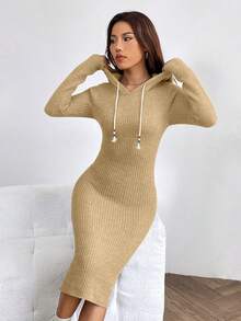 女士长袖抽绳连帽纯色针织毛衣连衣裙 - 卡其色 - 查看 3
