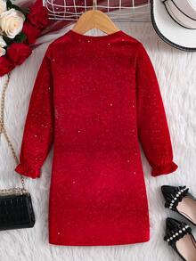 SHEIN 小女孩公主風休閒時尚甜美優雅閃亮連身裙帶有大號 3d 蝴蝶結裝飾 - 紅色 - 查看 2