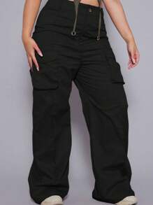Flirla Plus Size Women's Solid Color Straight Cargo Pants - Black - View 4