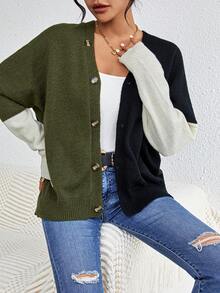 SHEIN Essnce 女士色塊蝙蝠袖針織開衫 - 黑色 - 查看 4