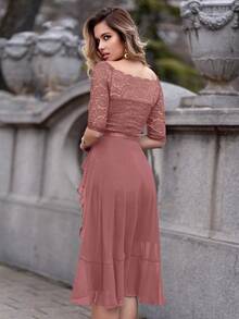 MIUSOL 花卉蕾丝船领半袖雪纺荷叶边摆裙，适合舞会、派对、A字裙、露肩连衣裙、婚礼宾客礼服、春季连衣裙、母亲节礼服 - 藕粉色 - 查看 3