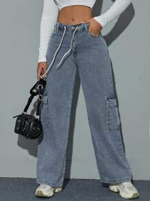 腰部抽繩翻蓋口袋工裝牛仔褲 - 淺色水洗藍 - 查看 1