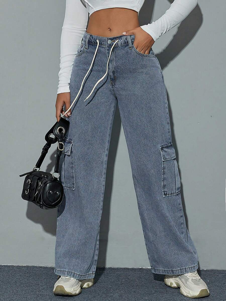 腰部抽繩翻蓋口袋工裝牛仔褲 - 淺色水洗藍 - 查看 1