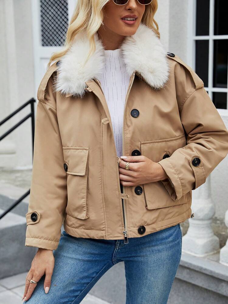 Ladies' Short Padded Padded Coat Clothes Winter With Fur Collar And Shoulder Button Design Fall Cloth For Women