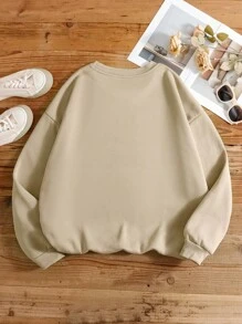 SHEIN EZwear 大尺碼字母印花圓領運動衫 - 卡其色 - 查看 2