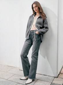 Anewsta Ladies' 2 in 1 Design Tie And Zipper Detail Cardigan - Grey - View 3