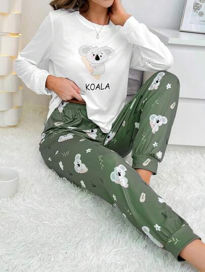 Koala Letter Graphic Wit Top Pants PJ Set Pajama Set, Fall Clothes Cozy Elegante