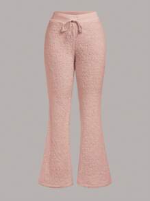 SHEIN EZwear Women's Plain Drawstring Waist Flare Pants With Furs - Pink - View 1
