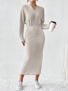 SHEIN Frenchy Robe Fendue De Couleur Unie À Côtes Pour Femme