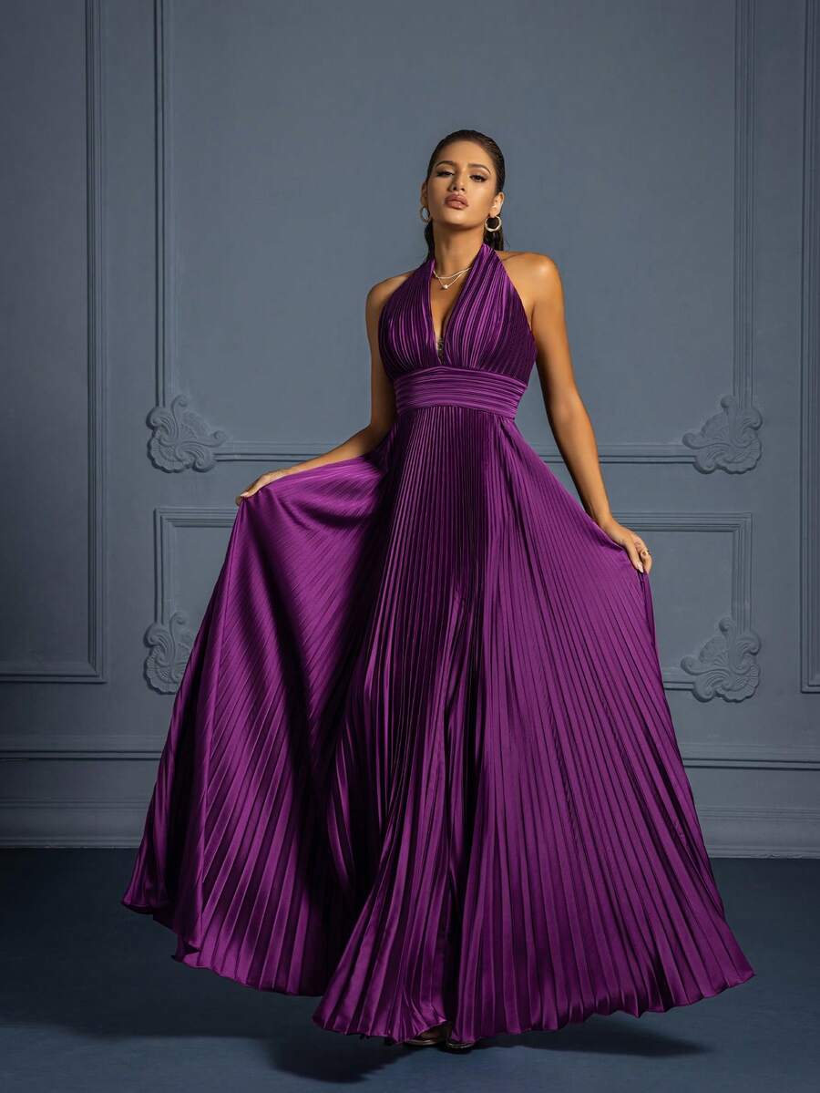 Purple Pleated Dress For Party & Evening - Purple - View 1