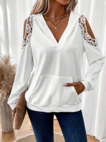 EMERY ROSE 女蕾絲拼接露肩運動衫 - 白色 - 查看 1