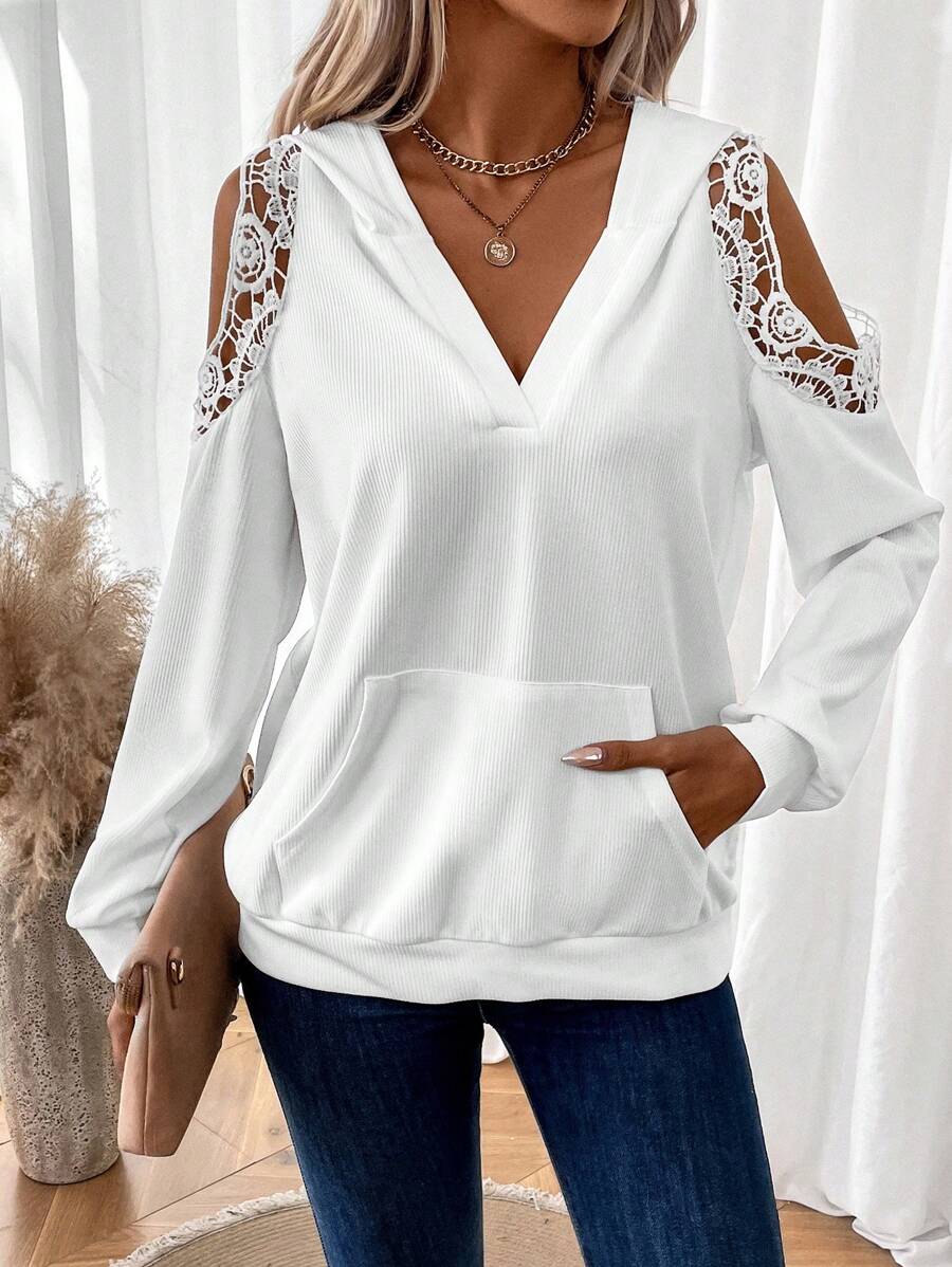EMERY ROSE 女蕾絲拼接露肩運動衫 - 白色 - 查看 1