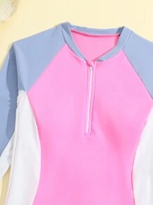 Teenage Girls' Color Block Zipper Front Tankini Set - Multicolor - View 4