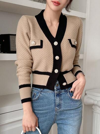 DAZY Color-Block Casual Business Cardigan With Trim, Autumn/Winter