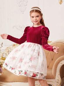 SHEIN Girls' Knit Plain Short Plush Round Neck Elegant Dress